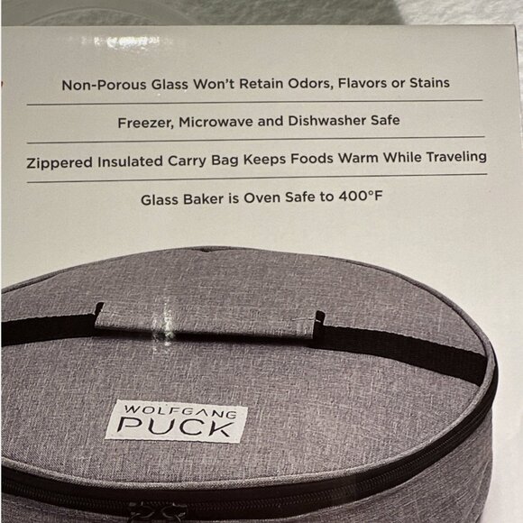 NWOT Wolfgang Puck 9 inch Glass Pie Dish W/ Insulated Carry Bag New in box - Picture 2 of 3
